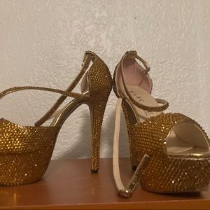 Marc Defang Rhinestone Gold Open Toe Pumps